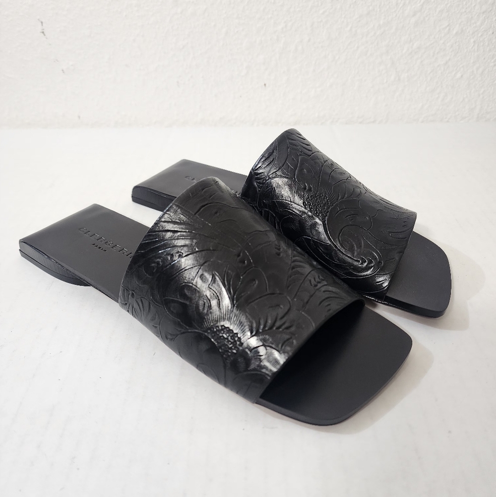 Clergerie Paris Women Slide Sandals Black Embossed Leather EU 36.5 US 6